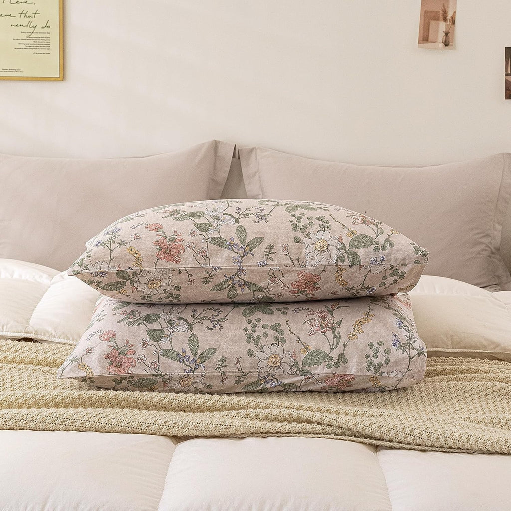 ECOCOTT 2 Pack Floral Pillowcases King Size, 100% Washed Cotton Pillow Cases with Envelope Closure, Vintage Botanical Flower Printed…