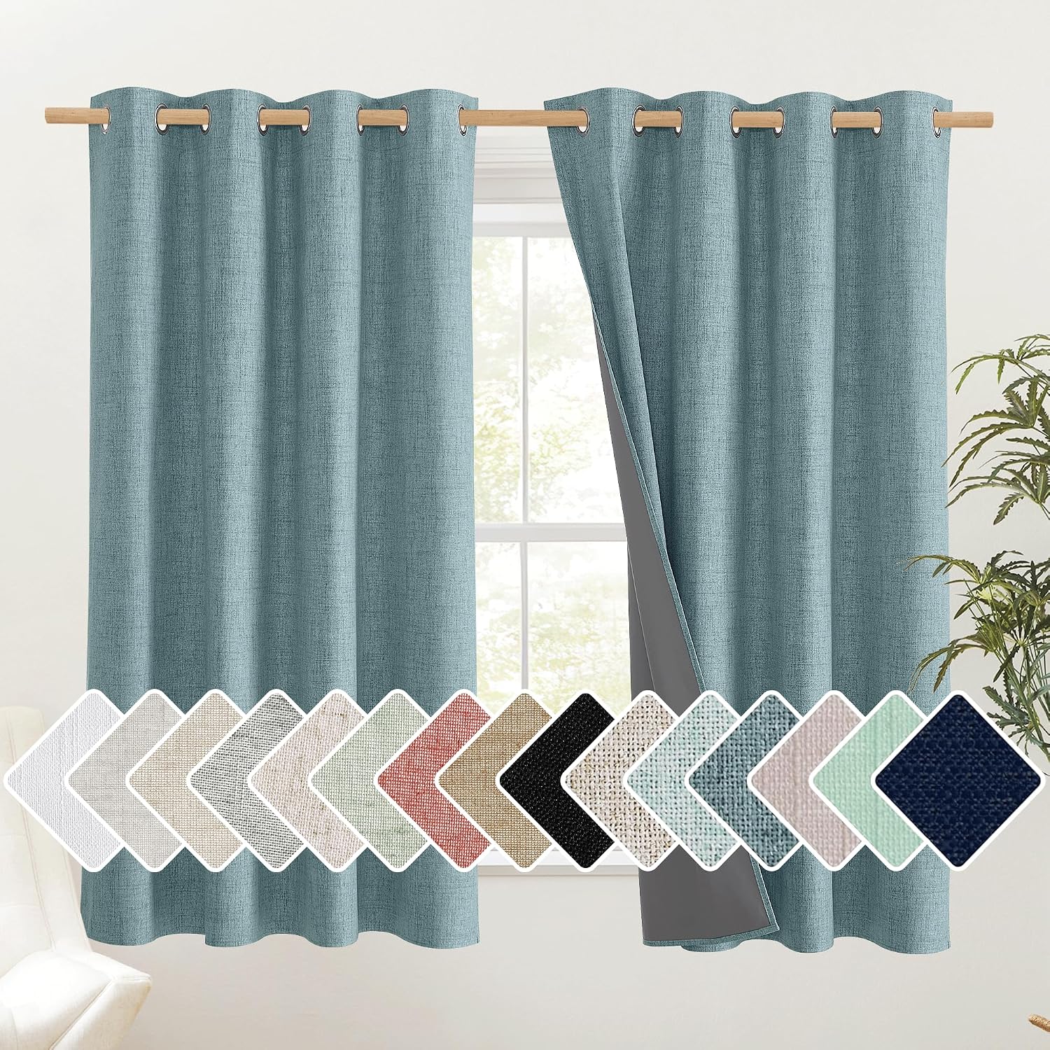 NICETOWN 100% Absolutely Blackout Linen Curtains with Thermal Insulated Liner, Skylark Blue, 52" Wide, 45" Length Energy Saving Curtains…