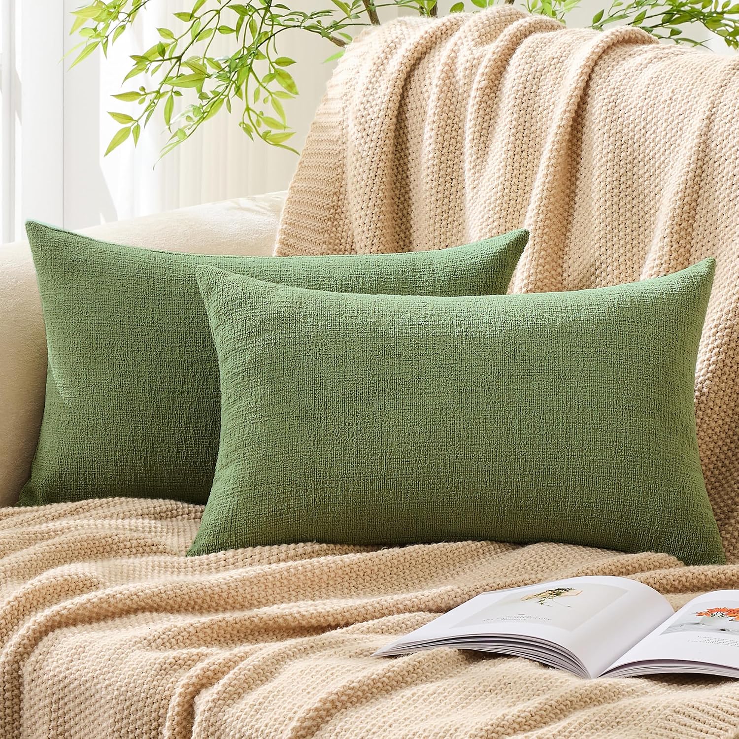 Gawamay Set of 2 Decorative Lumbar Soft Chenille Throw Pillow Covers 12x20 Inch (30x50 CM), Boho Farmhouse Cushion Cases, Couch Pillow Cove…