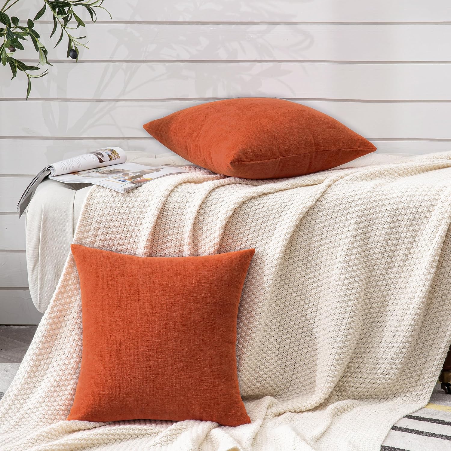 Gawamay Decorative Square Throw Pillow Covers 20x20 Inch Set of 2, Super Soft Chenille Pillows Farmhouse Fall Pillowcase for Living Room Be…