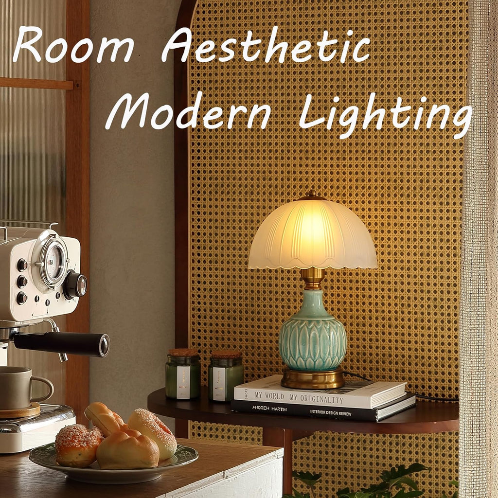Glivpny Vintage Table Lamp for Living Room,16" Mid Century Modern Ceramic Lamps for Bedroom, Retro Bedside Nightstand Mushroom Glass…