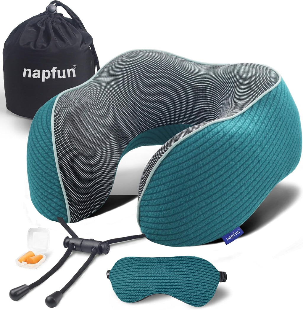 napfun Neck Pillow for Travel with Travel Pouch, Sleep Mask & Earplugs, Memory Foam Airplane Pillow for Headrest Sleep with Eyeshades…