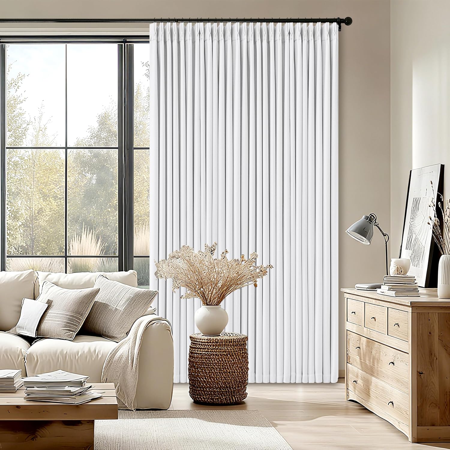 Twodrapes White Pinch Pleated Blackout Linen Curtains 120 Inches Long for Living Room Bedroom 2 Panels Room Darkening Thermal Insulated Neu…