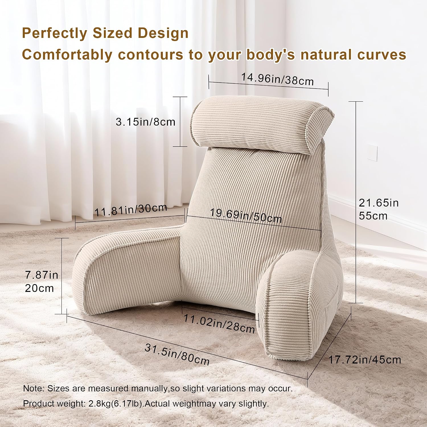 Ailuteie Reading Pillow for Sitting Up in Bed, Corduroy Backrest Pillow with Arms, Side Pocket & Washable Cover, Bed Rest Pillow Back Suppo…