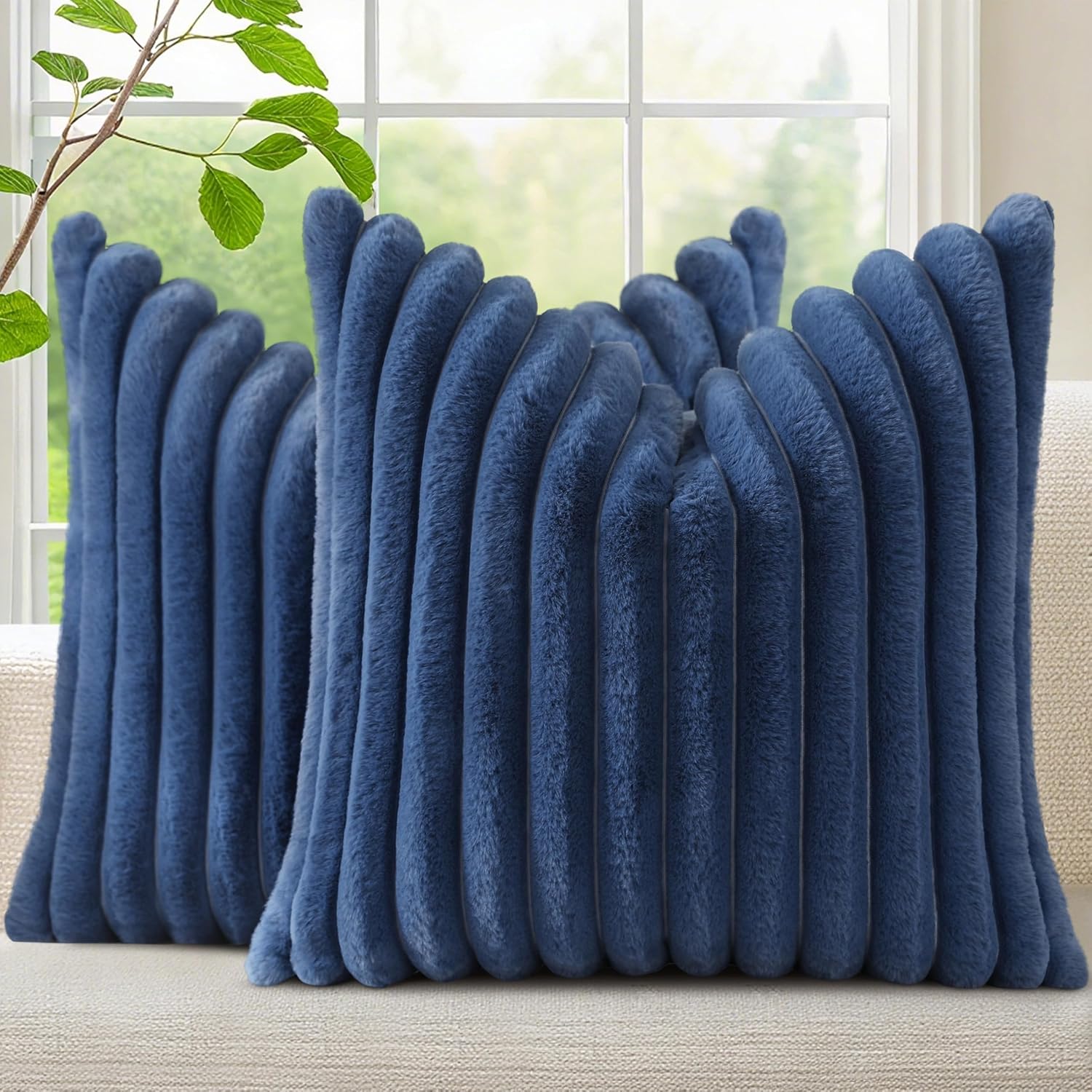 decorUhome Cozy Faux Fur Throw Pillow Covers 22x22 Set of 2 Decorative Soft Plush Striped Modern Farmhouse Boho Couch Euro Sham Pillow Case…