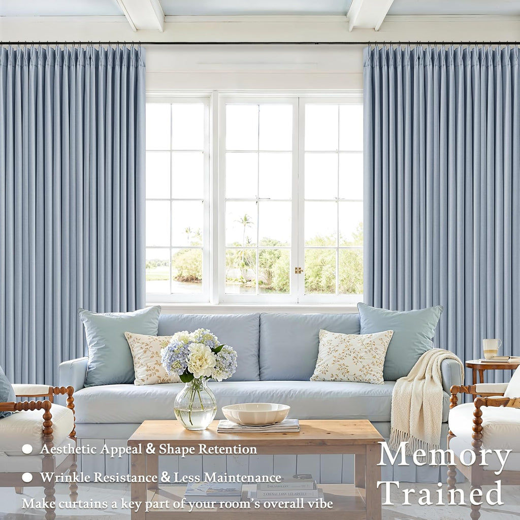 Twodrapes Blue Pinch Pleated Blackout Bedroom Curtains 108 Inches Long for Kids Baby 100% Black Out Thick Linen Dual Layer Pleated Drapes C…