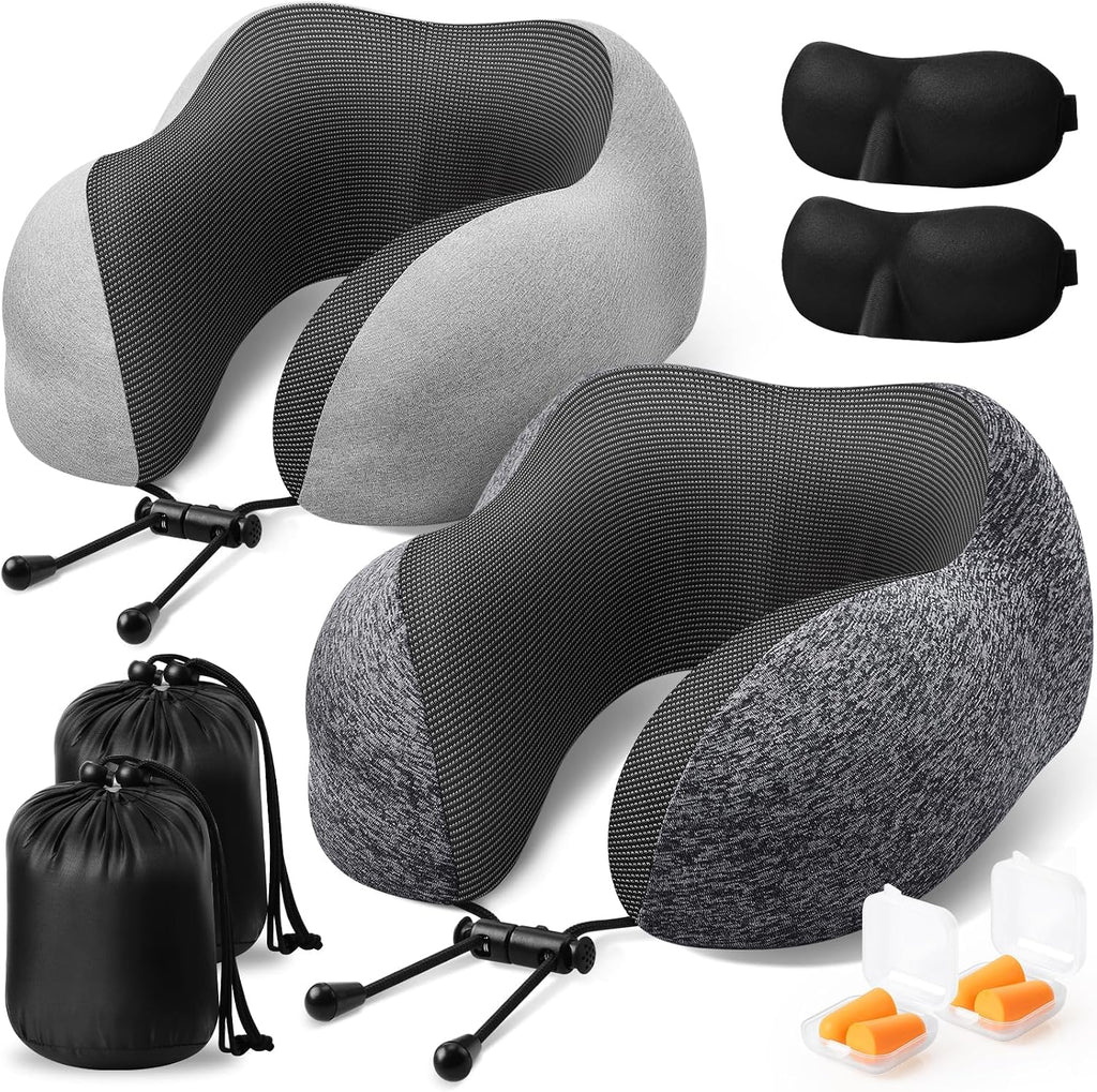 ExploreBliss Travel Pillow, 2 Pack Travel Pillows for Sleeping Airplane, Neck Pillow Airplane, Memory Foam Neck Pillow Set with Eye Mask, E…