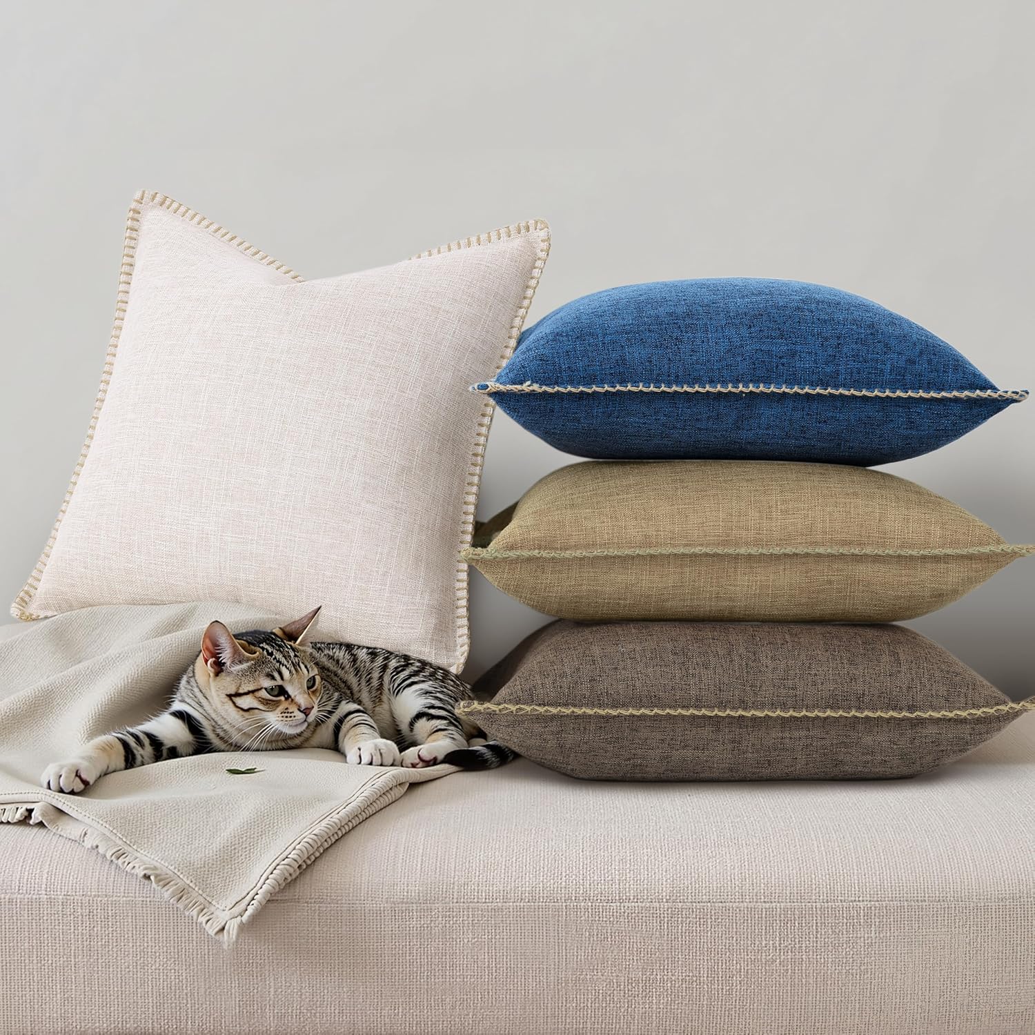 decorUhome Summer Decorative Throw Pillow Covers 16x16 Set of 2 Square Faux Linen Outdoor Neutral Farmhouse Pillow Covers with Stitched…
