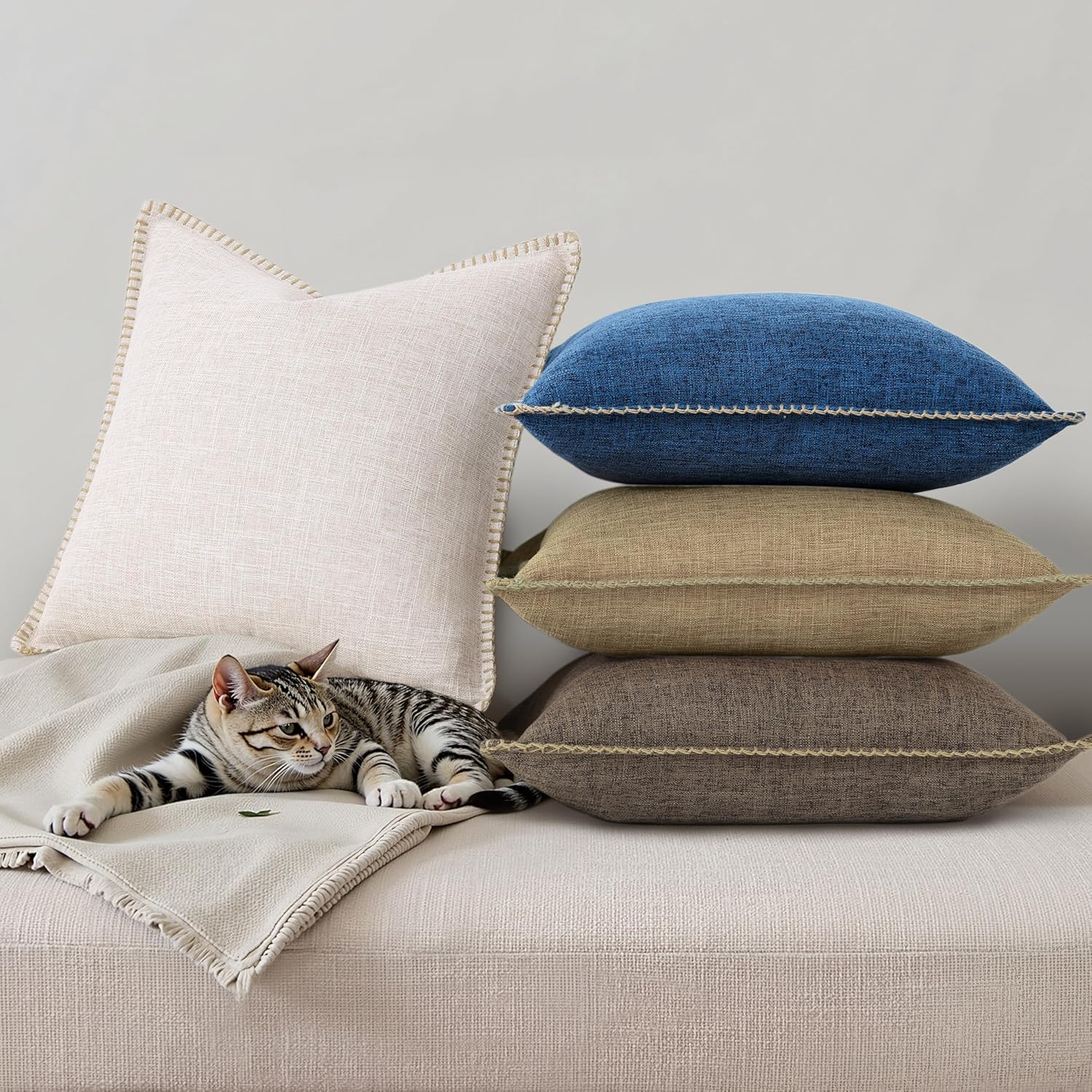 decorUhome Summer Decorative Throw Pillow Covers 22x22 Set of 2 Square Faux Linen Outdoor Neutral Farmhouse Euro Sham Pillow Covers with…