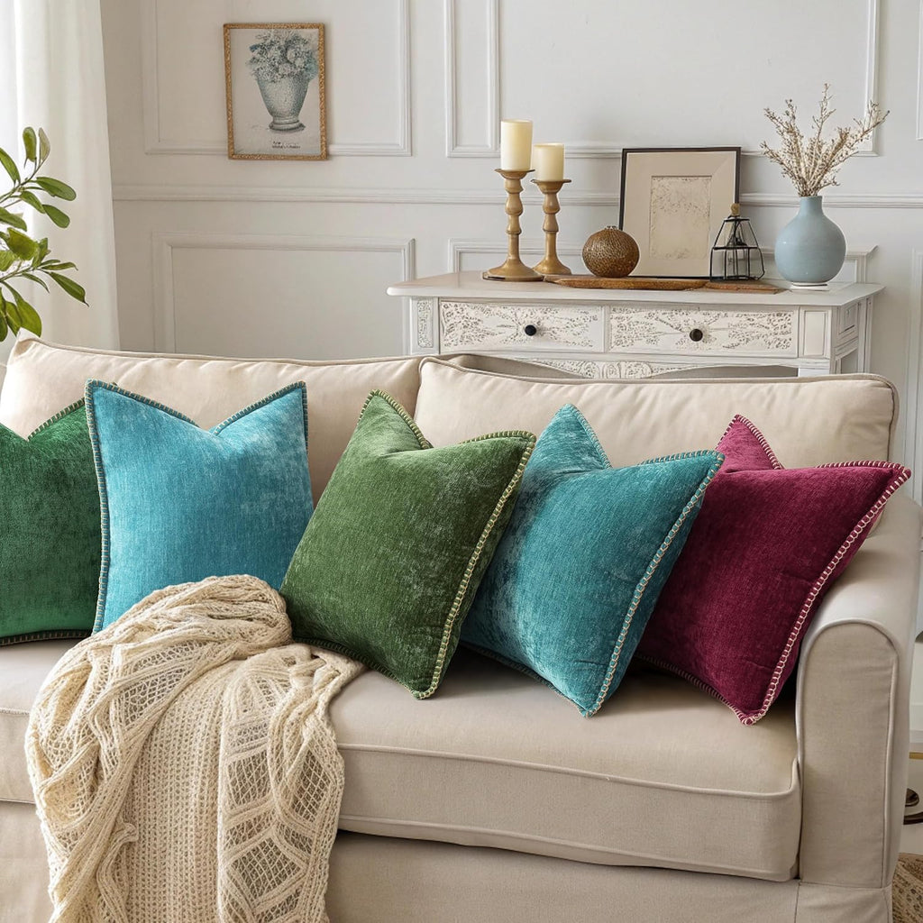 decorUhome Chenille Soft Cozy Throw Pillow Covers 20x20 Set of 2, Modern Farmhouse Boho Velvet Decorative Pillow Cases with Stitched Edge f…
