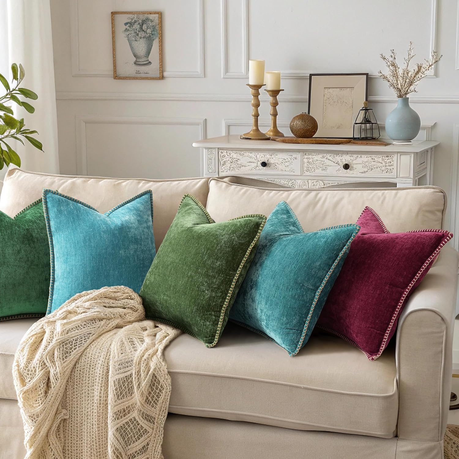 decorUhome Chenille Soft Cozy Throw Pillow Covers 12x20 Set of 2, Modern Farmhouse Boho Velvet Decorative Pillow Cases with Stitched Edge f…