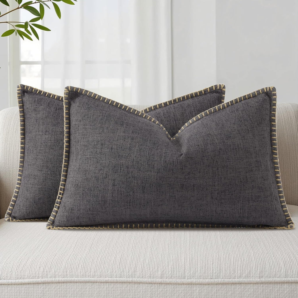 decorUhome Summer Decorative Throw Pillow Covers 12x20 Set of 2 Lumbar Faux Linen Farmhouse Pillow Covers with Stitched Edge Outdoor…