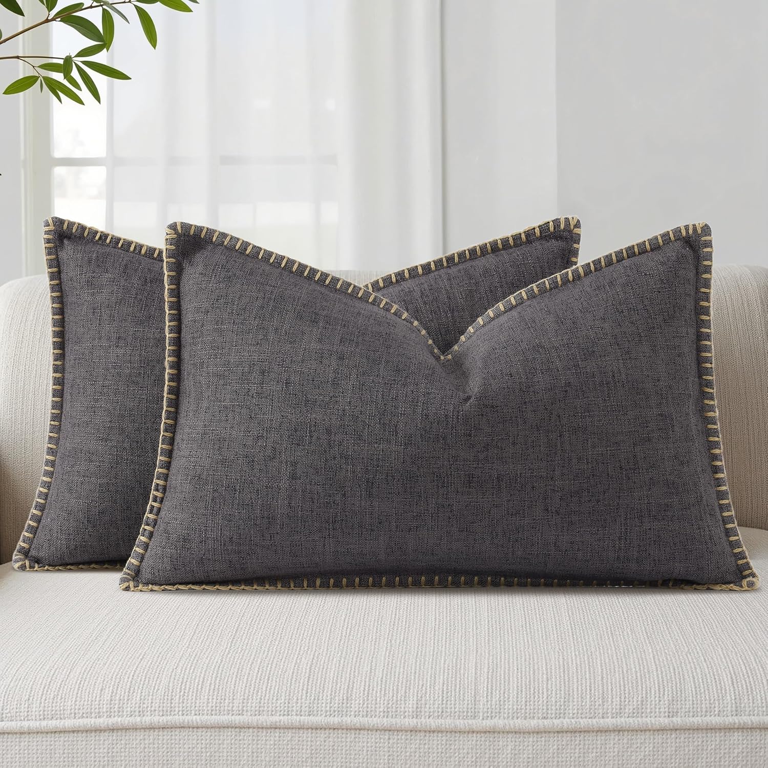 decorUhome Summer Decorative Throw Pillow Covers 12x20 Set of 2 Lumbar Faux Linen Farmhouse Pillow Covers with Stitched Edge Outdoor…