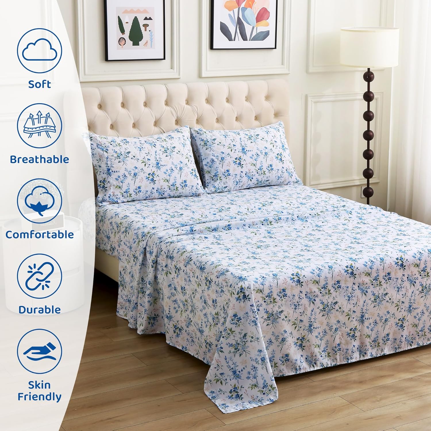 mooreeke Cozy Vintage Microfiber Printed Queen Sheet Set - Soft & Breathable Percale Blue Green Floral Bed Sheets with Extra Deep Pocket -…