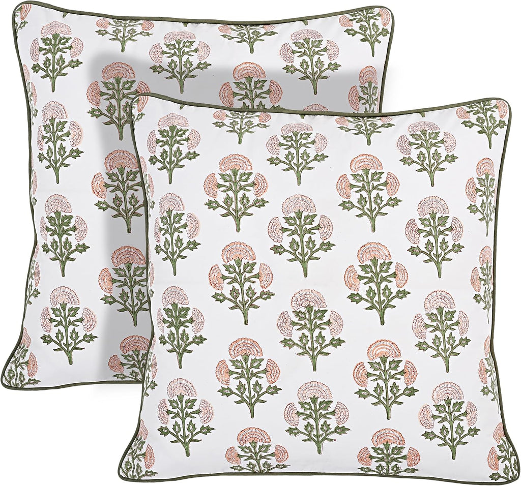 Ridhi Block Print Mughal Buta Peach Pillow Cover 18" x 18" (Pack of 2) Decorative Couch Pillows for Living Room, Farmhouse Chic Boho Cute O…