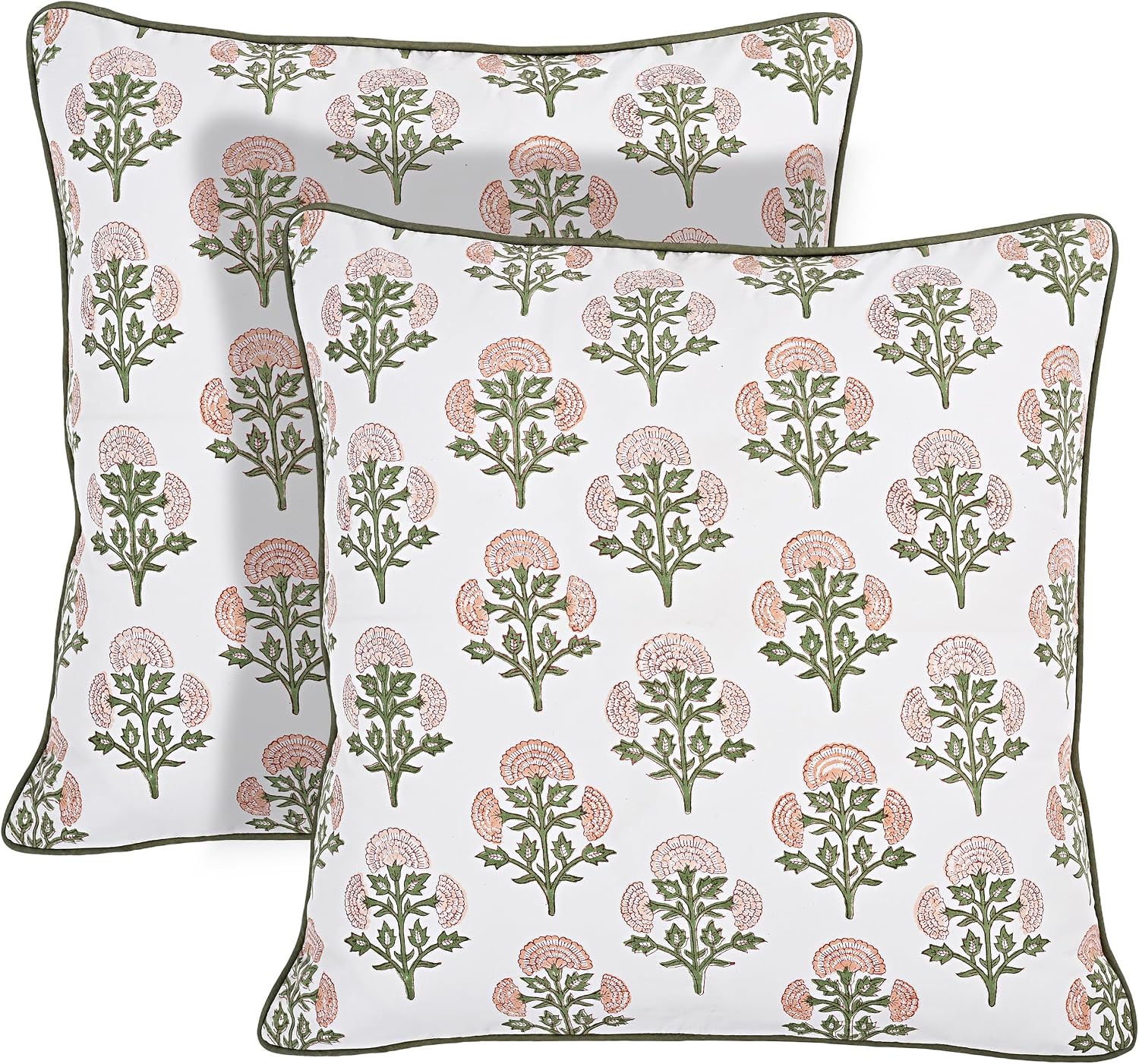 Ridhi Block Print Mughal Buta Peach Pillow Cover 18" x 18" (Pack of 2) Decorative Couch Pillows for Living Room, Farmhouse Chic Boho Cute O…