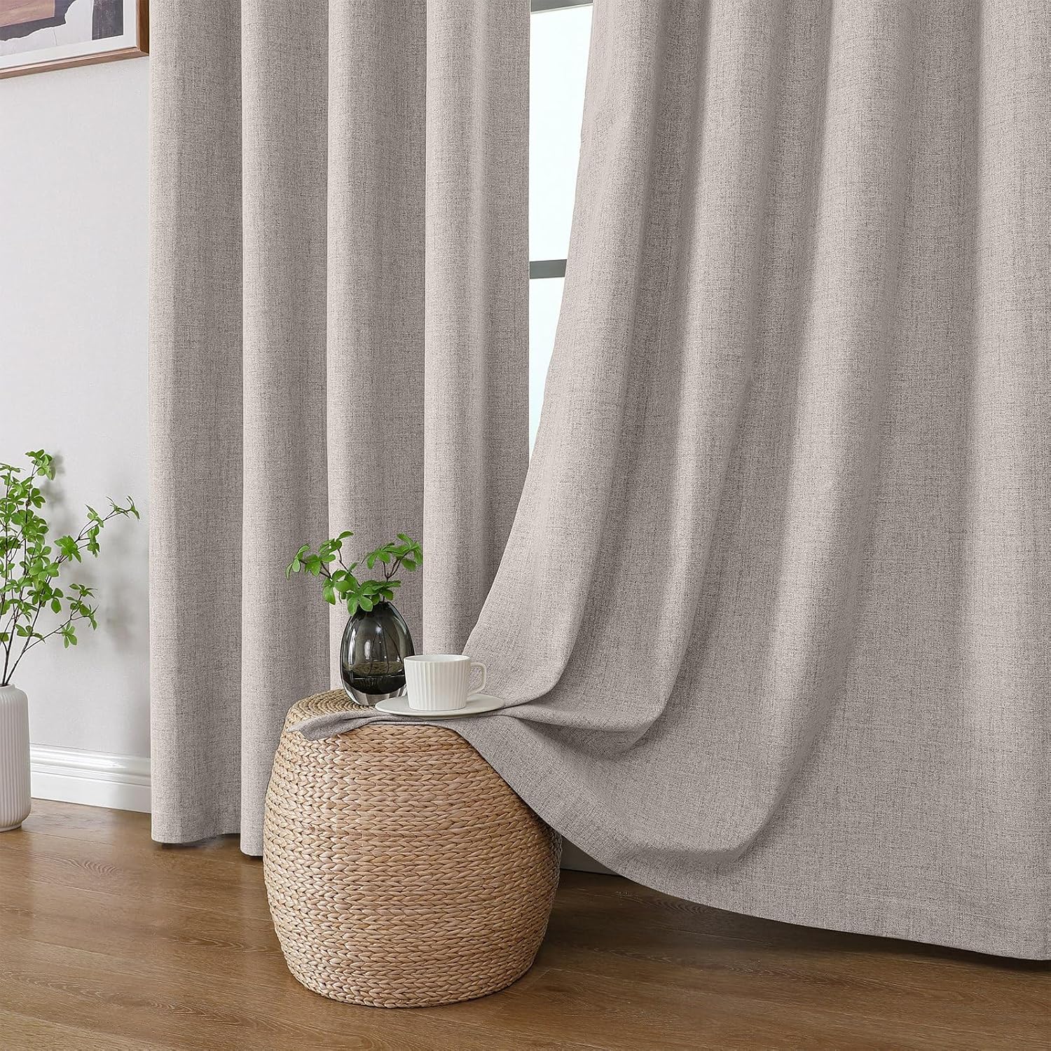 Cucraf 100% Blackout Curtains 63 inches Length 2 Panels Set, Room Darkening Linen Textured Curtain Grommet for Bedroom Living Room, Light B…