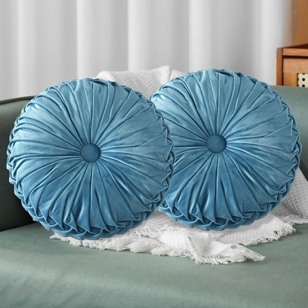 HIG Set of 2 Dusty Blue Ruched Velvet Round Throw Pillows – 14.5’’ Decorative Pillows with Soft Polyester Filling for Couch, Bed, Living…