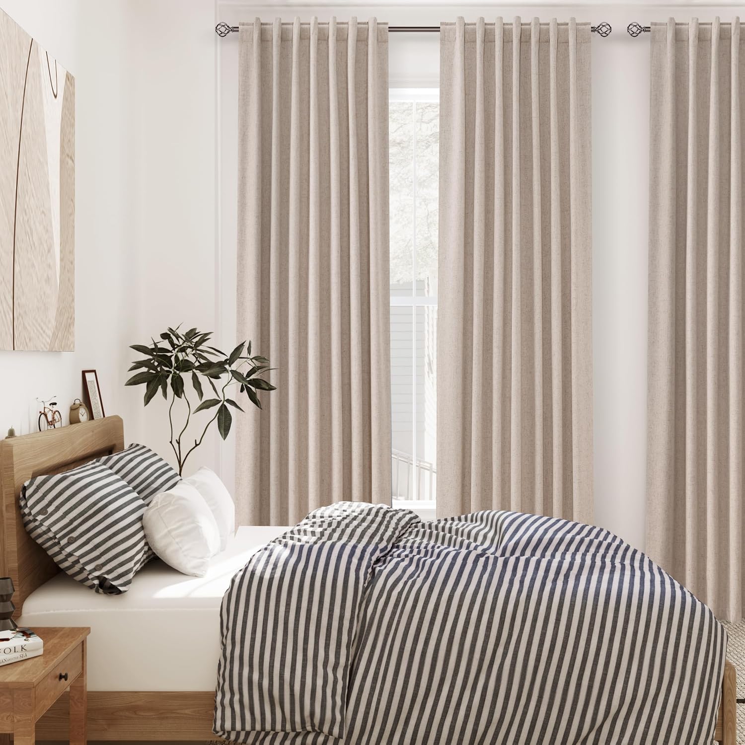 Nanspring Oatmeal 100% Blackout Linen Curtains 96 Inches Long for Bedroom Back Tab Thermal Insulated Neutral Modern Farmhouse Decor Black O…