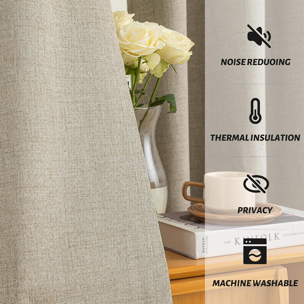 Yakamok Natural Linen Curtains 100% Blackout 63 Inches Long, Room Darkening Textured Curtains for Living Room Thermal Grommet Bedroom Curtai…