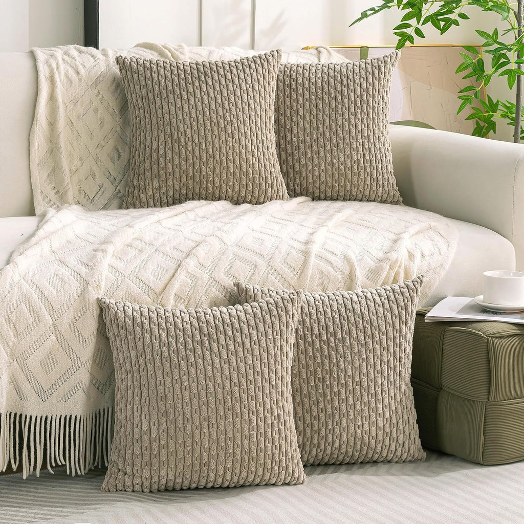 Cozoomy Set of 4 Taupe Decorative Throw Pillow Covers 16x16 Inch Corduroy Pillow Covers for Bed Couch Sofa Living Room Soft Square Cushion…