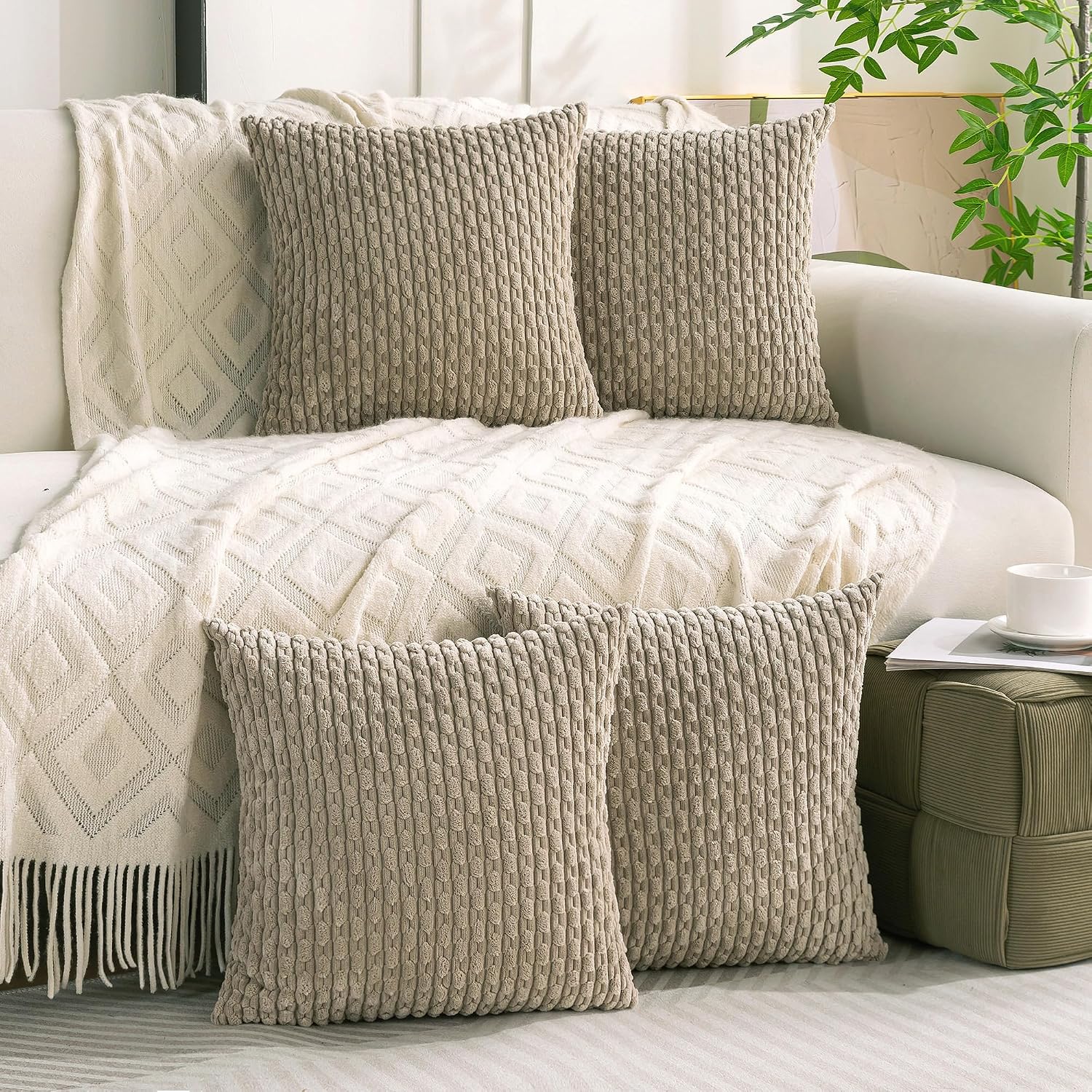 Cozoomy Set of 4 Taupe Decorative Throw Pillow Covers 16x16 Inch Corduroy Pillow Covers for Bed Couch Sofa Living Room Soft Square Cushion…
