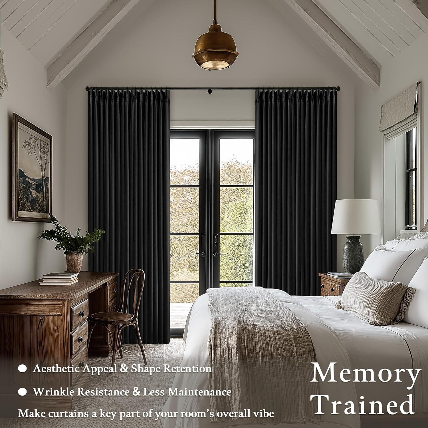 Twodrapes Black 96 Inch Blackout Pinch Pleated Curtains 2 Panel Set for Living Room Darkening Thick Linen Textured 100% Black Out Drapes 96…