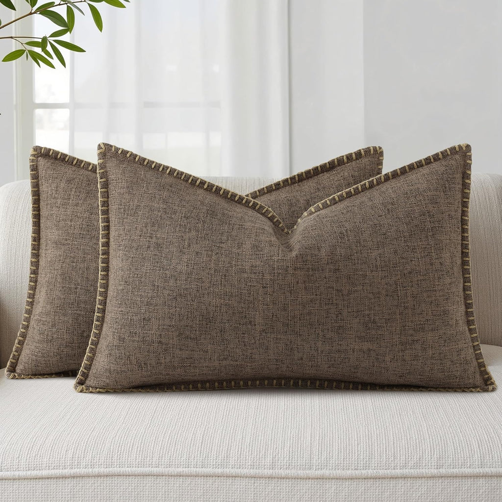 decorUhome Summer Decorative Throw Pillow Covers 12x20 Set of 2 Lumbar Faux Linen Farmhouse Pillow Covers with Stitched Edge Outdoor…