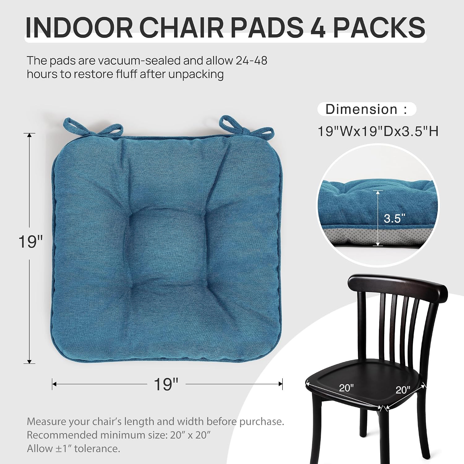 Love's cabin Memory Foam Chair Cushions Set of 4, 19"x19"x3.5" Indoor & Outdoor Seat Pads for Dining, Kitchen, Office, Patio Chairs - Blue