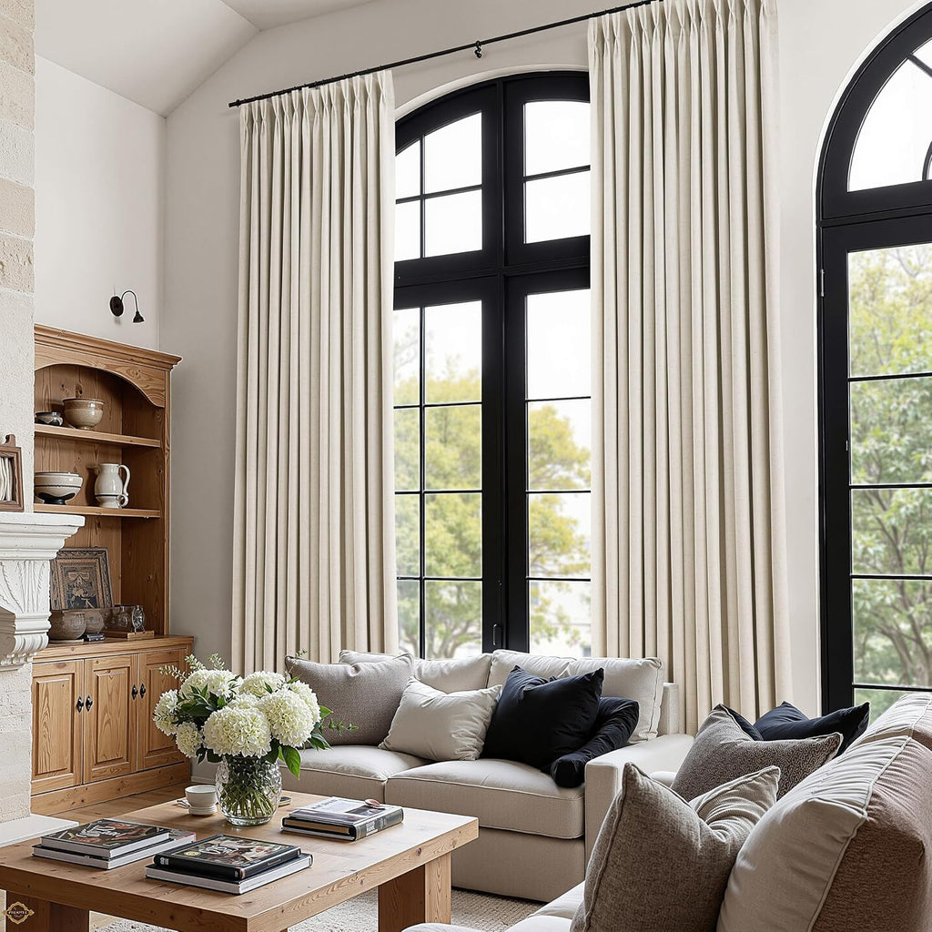 Boodii Natural Cream Extra Long 100% Blackout Linen Pinch Pleated Curtains 120 Inch Long for Living Room Bedroom Back Tab Black Out Curtain…