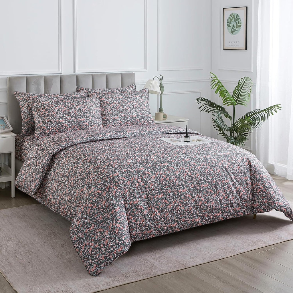 Puralens Dark Grey Vintage Floral Duvet Cover, King 100% Cotton Percale Pink Flower Comforter Cover Set, Shabby Chic Reversible Toile Bed C…