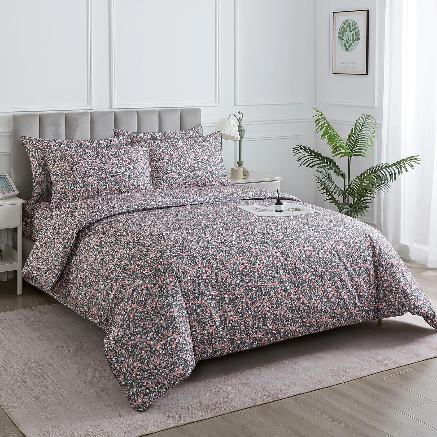 Puralens Dark Grey Vintage Floral Duvet Cover, King 100% Cotton Percale Pink Flower Comforter Cover Set, Shabby Chic Reversible Toile Bed C…
