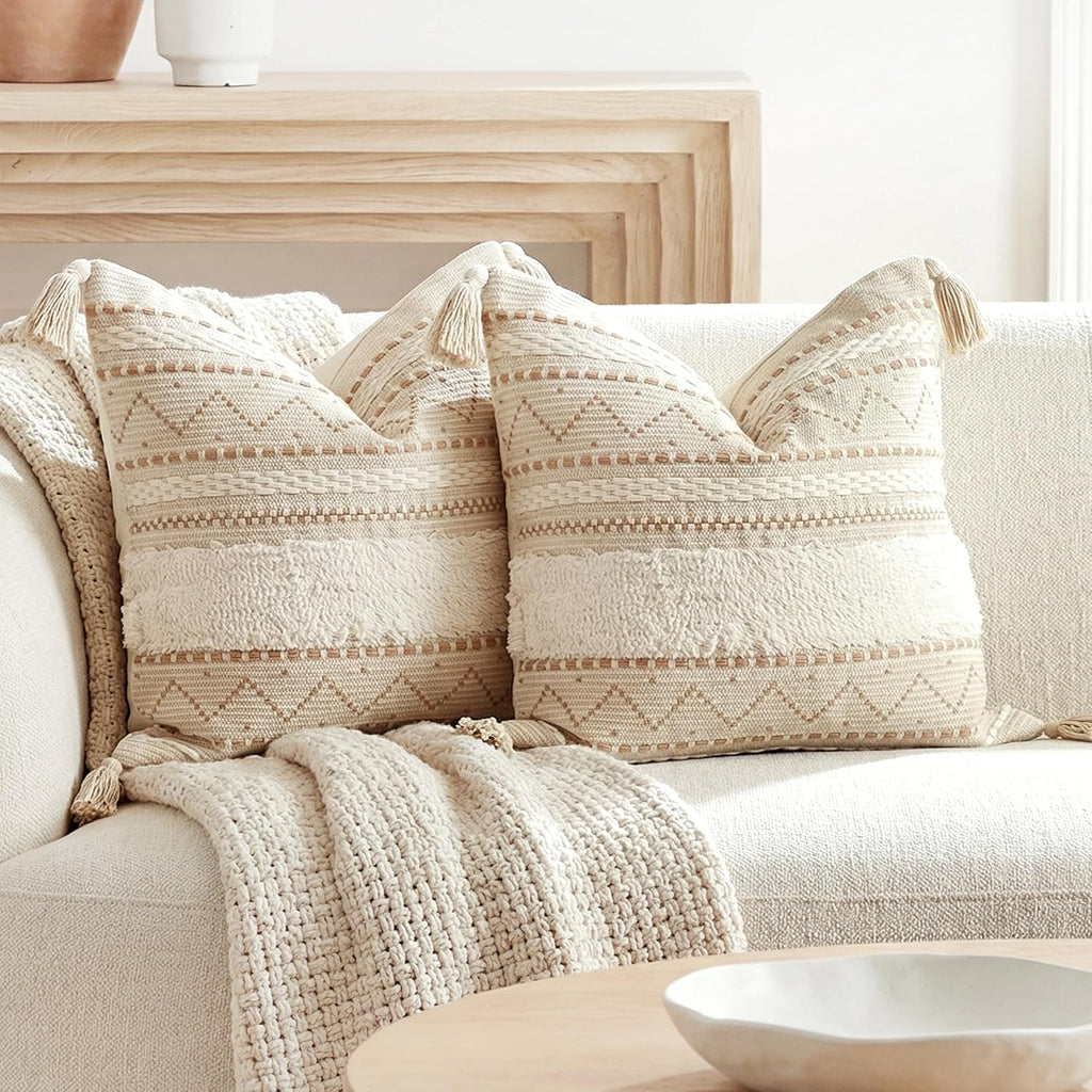 BlissBlush Decorative Throw Pillow Covers 20x20 Combo Set of 2 Square Cream Neutral White Boho Accent Pillowcase Tassels Farmhouse…
