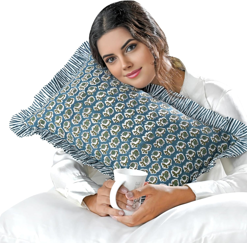 Ridhi Block Print Peacock Blue 20"x12" Set 1-100% Cotton Ruffle Lumbar Sham Cover Boho Floral Pillowcase, Farmhouse Cottagecore Bedding…