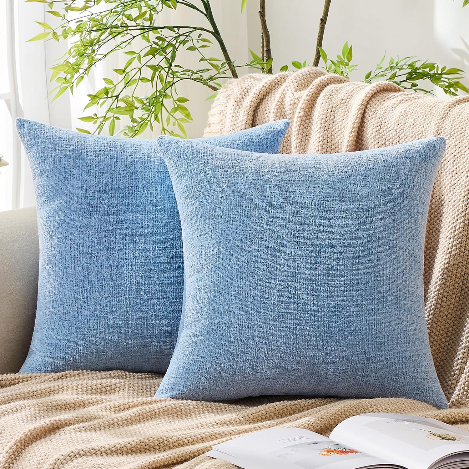 Gawamay Set of 2 Soft Textured Chenille Throw Pillow Covers 24x24 Inch (60x60 CM), Decorative Pillowcases Cushion Covers for Farmhouse Home…