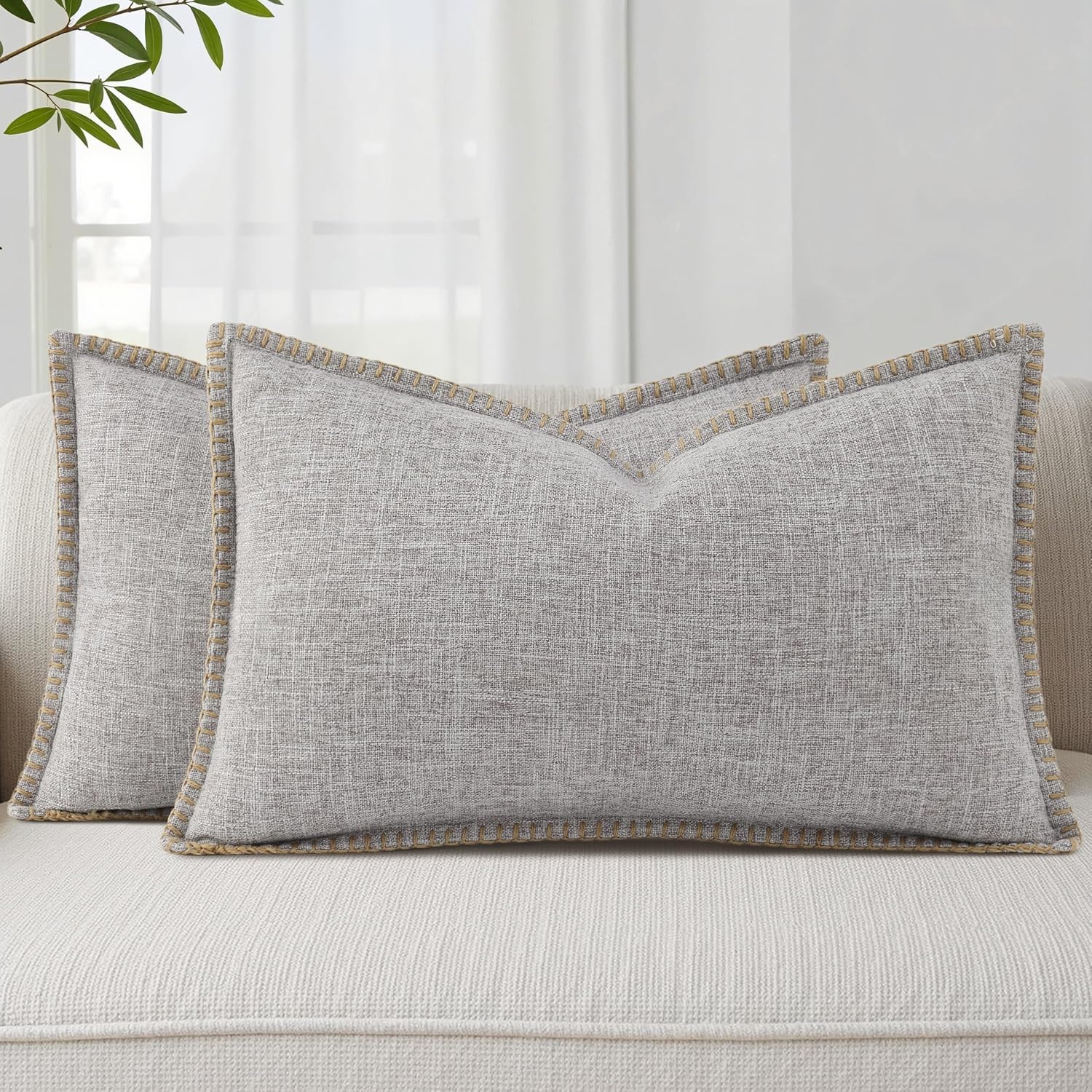 decorUhome Summer Decorative Throw Pillow Covers 12x20 Set of 2 Lumbar Faux Linen Outdoor Neutral Farmhouse Pillow Covers with Stitched…