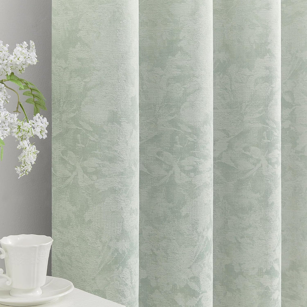 Beauoop Green Floral Jacquard Blackout Curtains 63 Inches Long 2 Panels for Bedroom Living Room Chenille Flower Room Darkening Thermal…