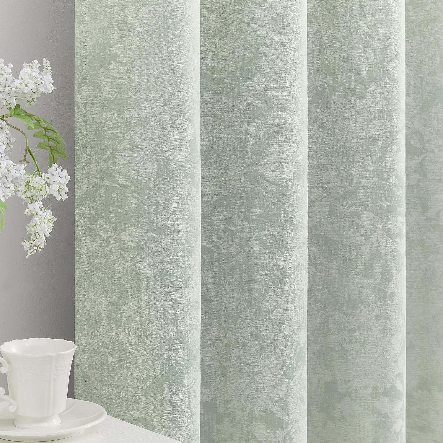 Beauoop Green Floral Jacquard Blackout Curtains 84 Inches Long 2 Panels for Bedroom Living Room Chenille Flower Room Darkening Thermal…