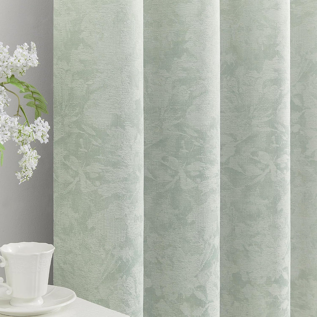 Beauoop Green Floral Jacquard Blackout Curtains 90 Inches Long 2 Panels for Bedroom Living Room Chenille Flower Room Darkening Thermal…