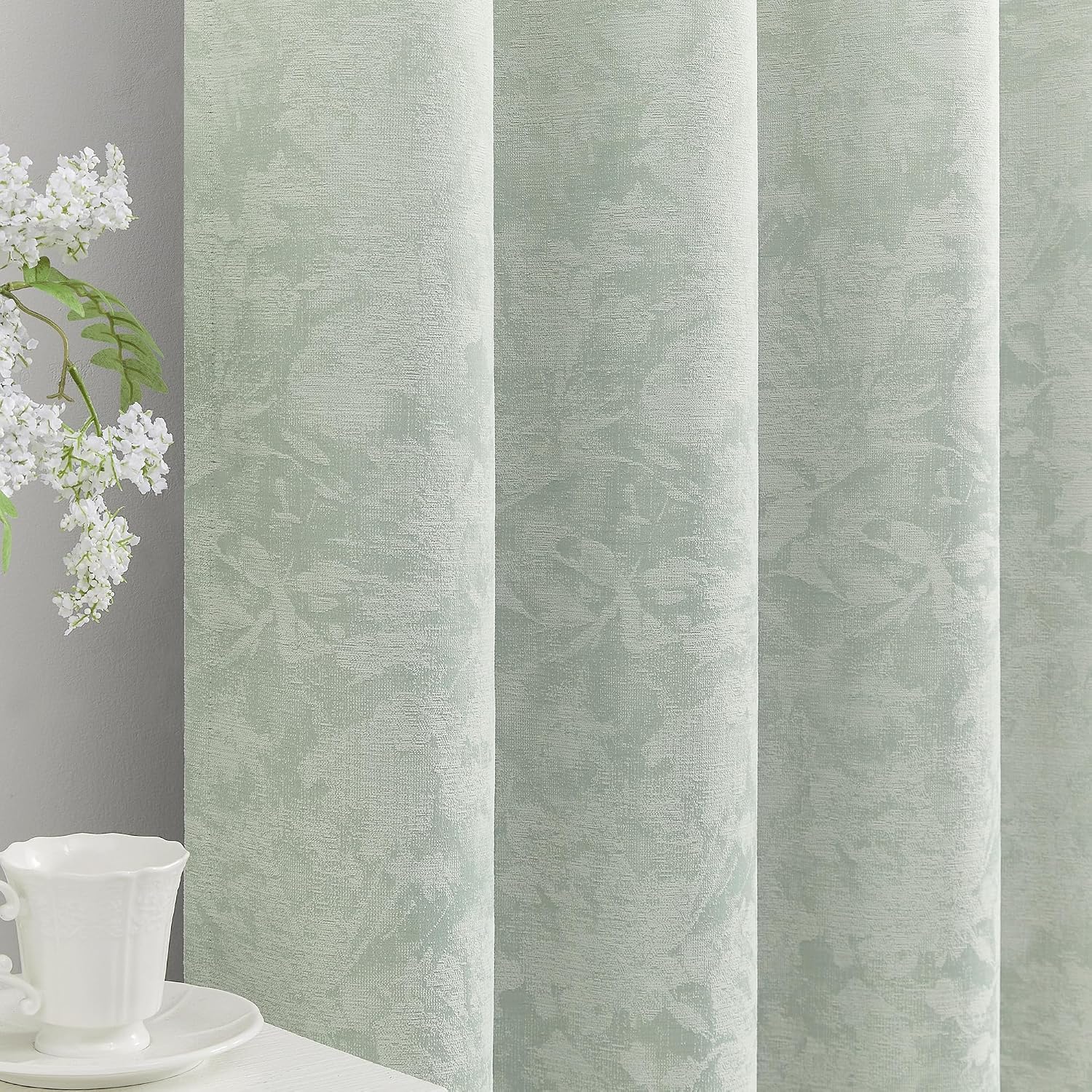 Beauoop Green Floral Jacquard Blackout Curtains 108 Inches Long 2 Panels for Bedroom Living Room Chenille Flower Room Darkening Thermal…