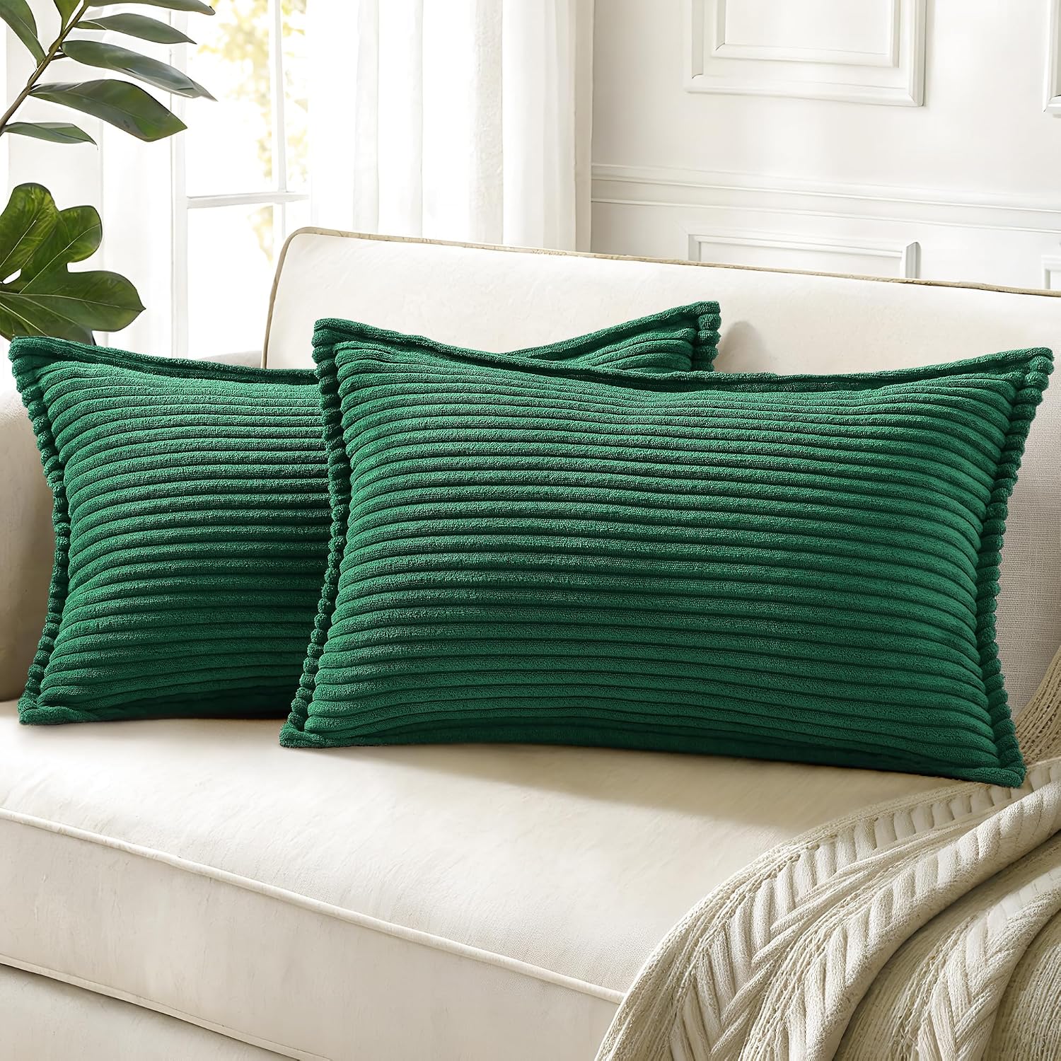 decorUhome Summer Corduroy Green Throw Pillow Covers 12x20 Set of 2 Decorative Soft Boho Farmhouse Lumbar Couch Pillow Covers for Living Ro…