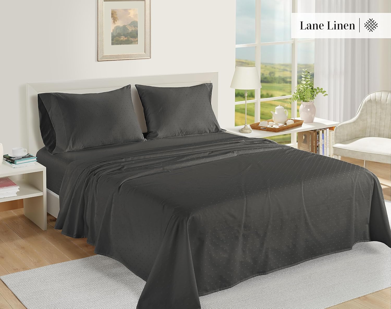LaneLinen LANE LINEN Pillow Case Covers King, Set of 2, 100% Egyptian Cotton Sateen, Soft Cool & Smooth Pillow Cases - Swiss Dot - Charcoal…