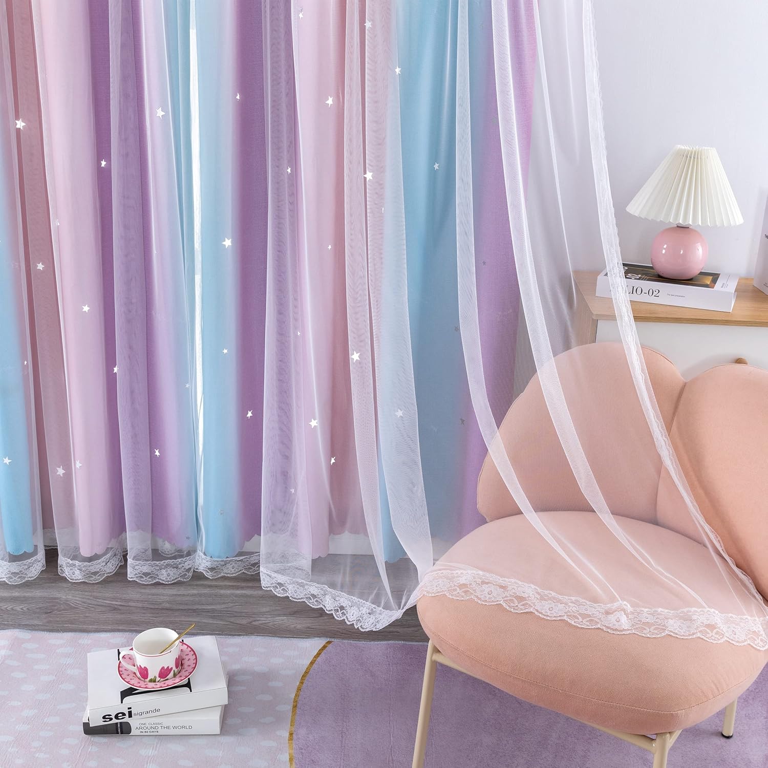 Addsomecolortolife XiDi Blue Curtains for Bedroom, Blackout Curtain for Kids Room, Pink and Purple Curtain Double Layer Drapes 42 Inchs Lon…