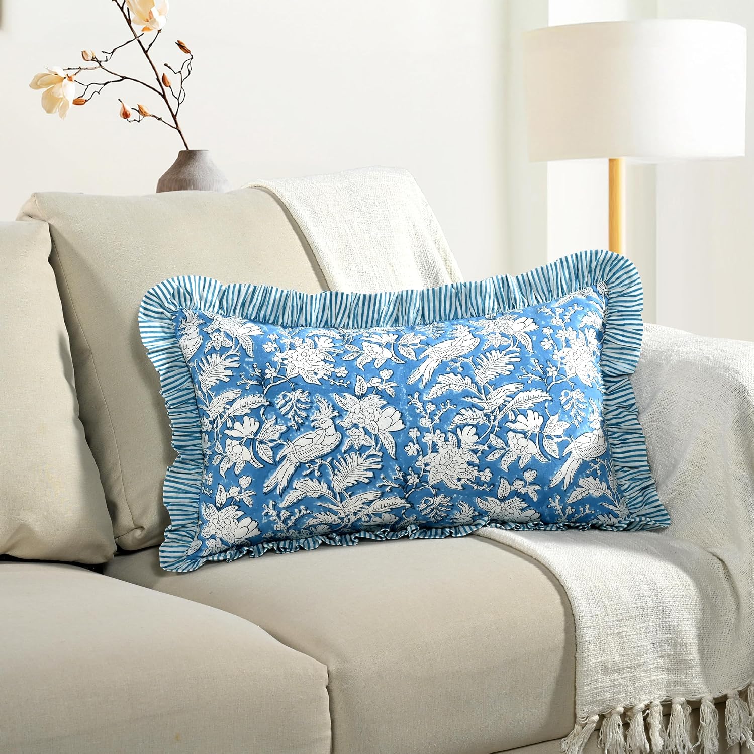 Cottonprintclub CPC Hand Block Print Blue Sapphire Ruffle Sham Pillow Cover 20" x 12" inch Hidden Zipper Decorative Pillowcase for Couch, B…