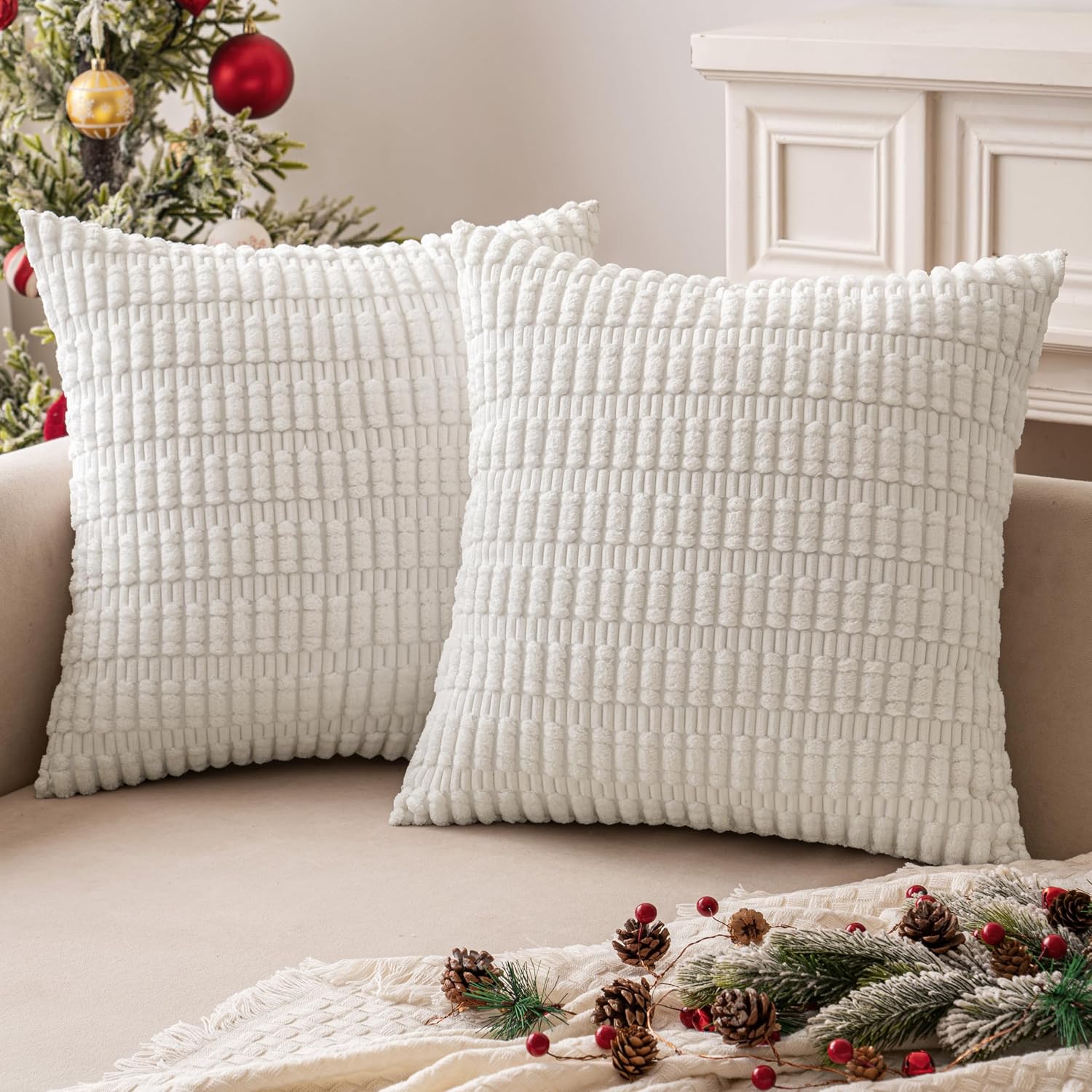 Miulee Pack of 2 Corduroy Decorative Throw Pillow Covers 16x16 Inch Soft Boho Striped Pillow Covers Modern Farmhouse Home Decor for Sofa Li…