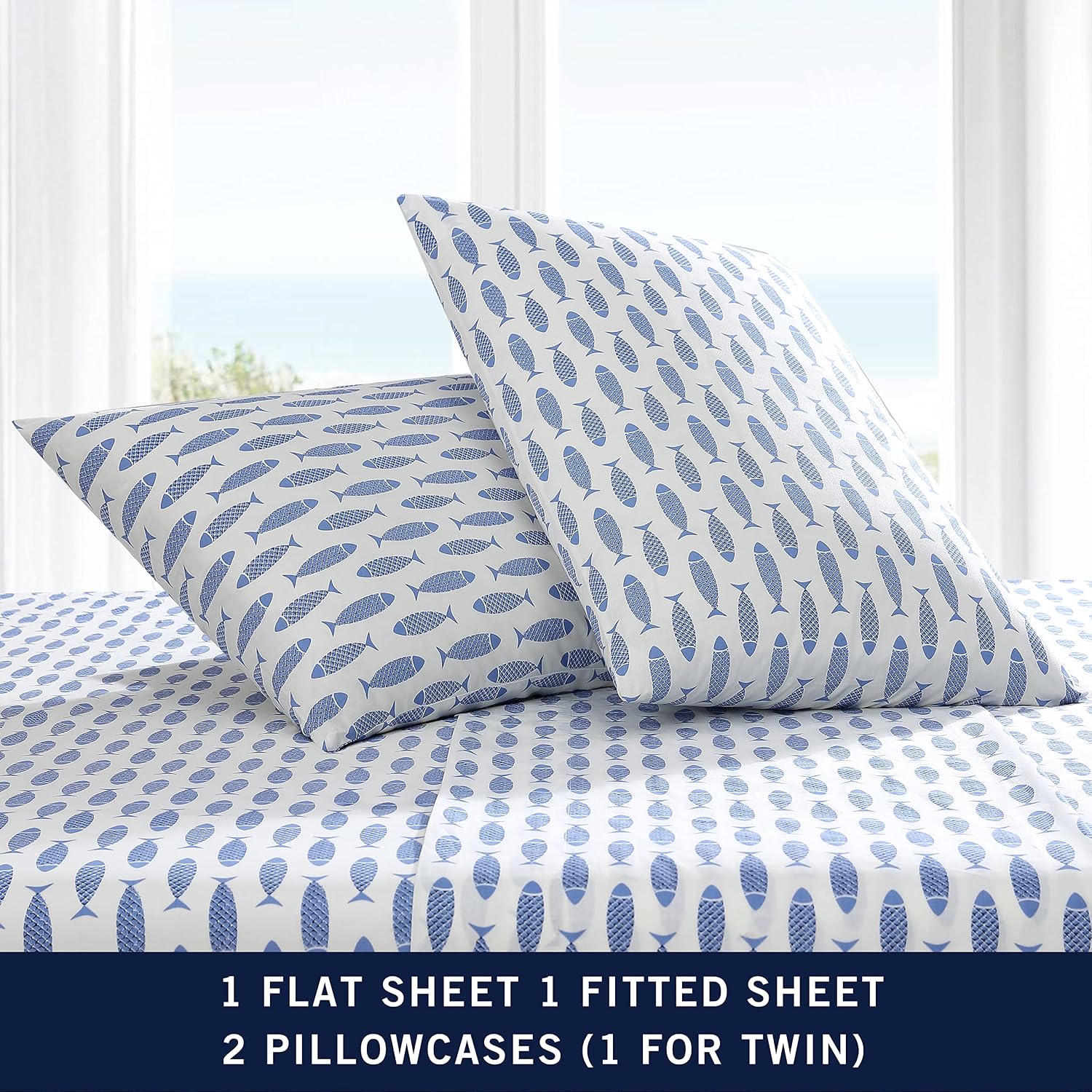 Nautica King Sheet Set, Cotton Percale Bedding Set, Crisp & Cool, Stylish Home Decor (Woodblock Fish Blue, King) Cotton Blue