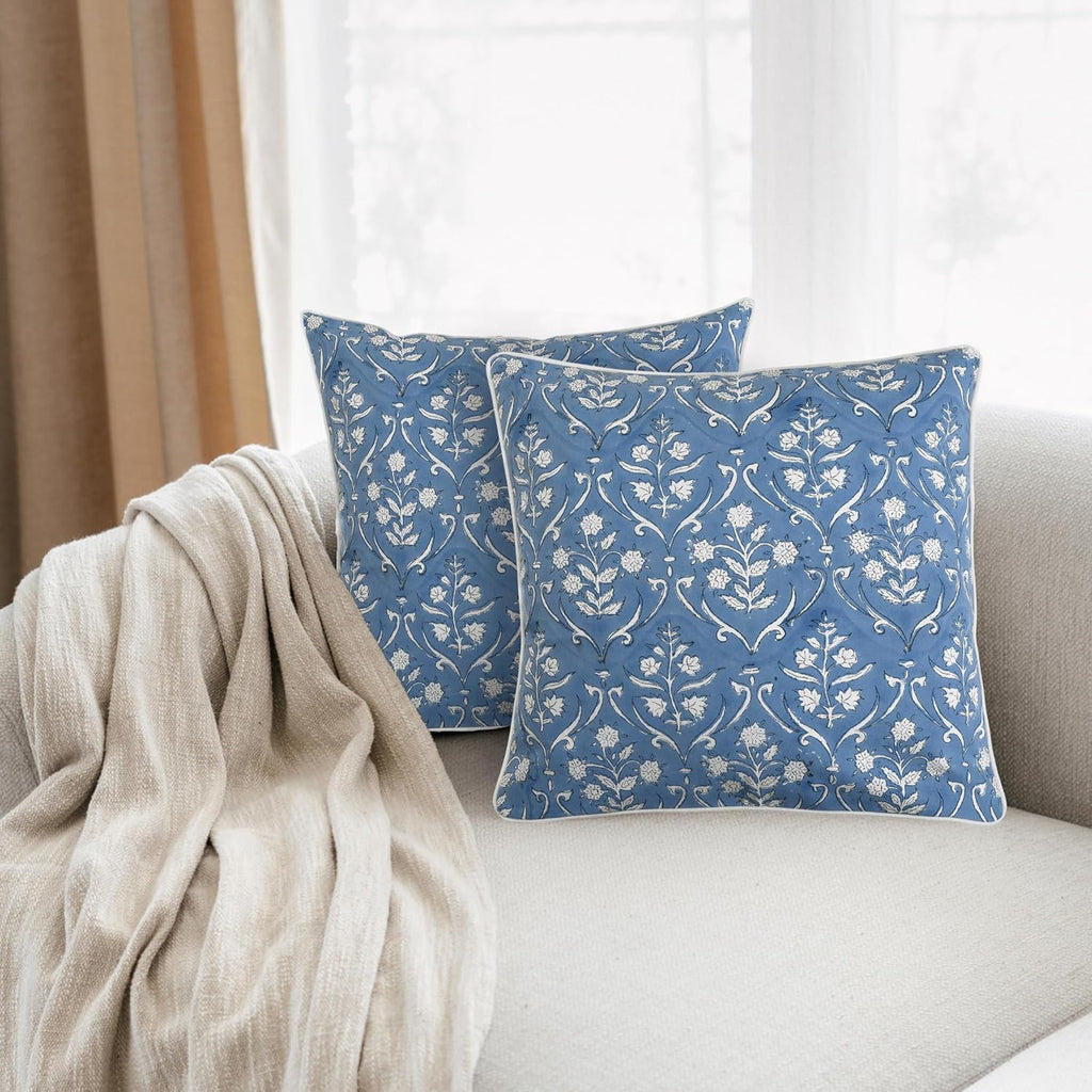 Ridhi Block Print Cornflower Blue Pillow Cover 24" x 24" (Pack of 2) Decorative Couch Pillows for Living Room, Chic Boho Cute Outdoor Pillo…