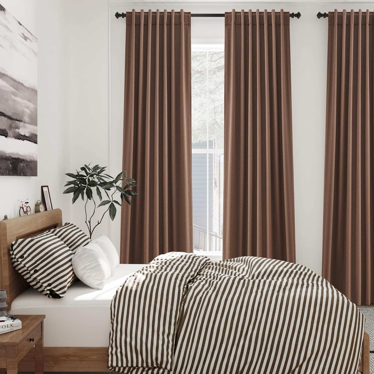 Nanspring Caramel Brown 100% Blackout Linen Curtains for Bedroom 102 Inches Long Back Tab Rod Pocket Thermal Insulated Black out Curtain fo…