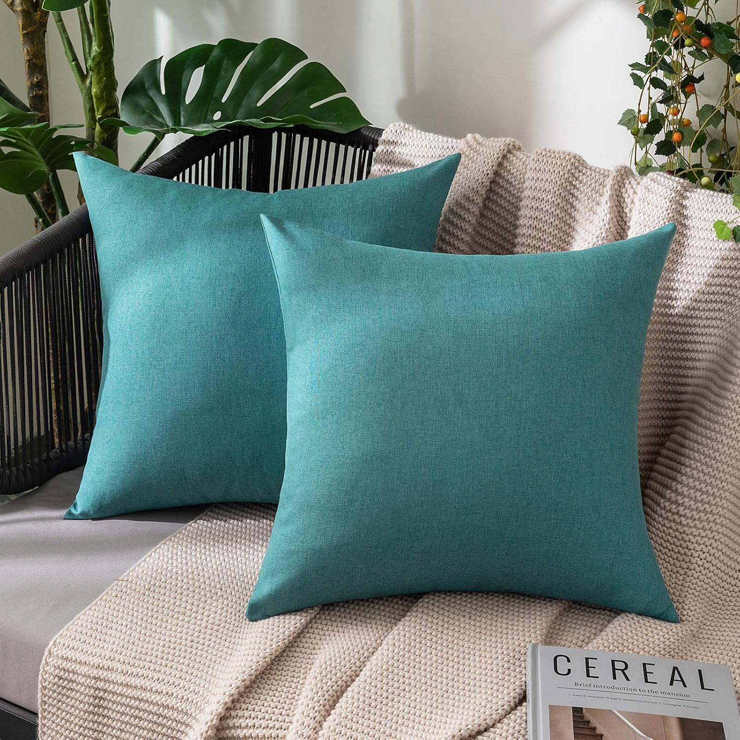 Miulee Pack of 2 Decorative Outdoor Solid Waterproof Throw Pillow Covers Euro Sham Faux Linen Garden Farmhouse Coastal Cushion Cases for Su…
