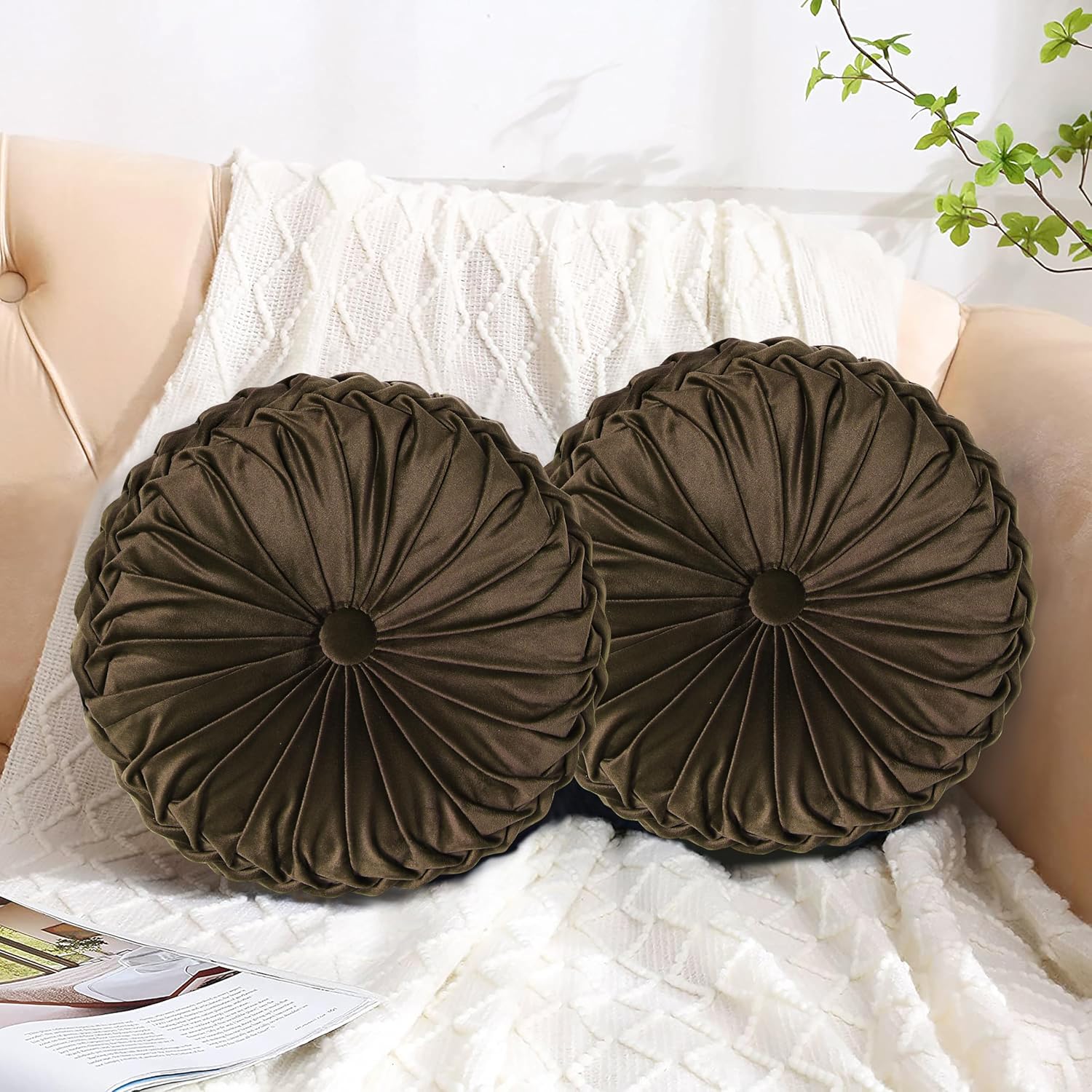 Hig Set of 2 Decorative Round Pleated Throw Pillows, Classy Accent Pumpkin Throw Pillows with Center Button, Vintage Velvet Floor Pillows for…